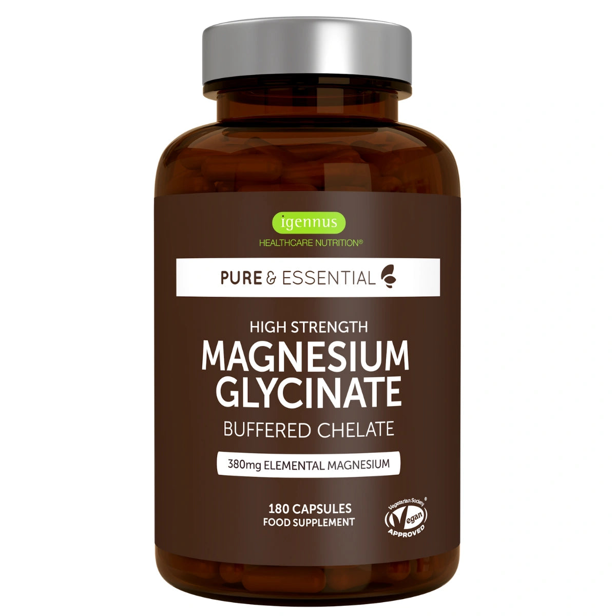 High Strength Magnesium Glycinate Buffered Chelate, 380mg Elemental from 1300mg Bulk, Vegan, 180 Capsules