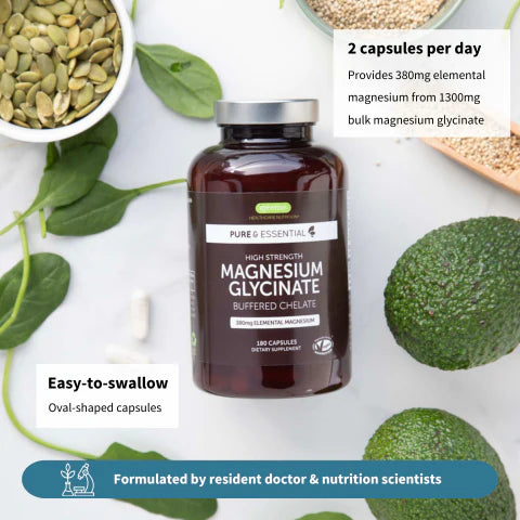 Bottle of magnesium glycinate supplement with health benefits text on a white background