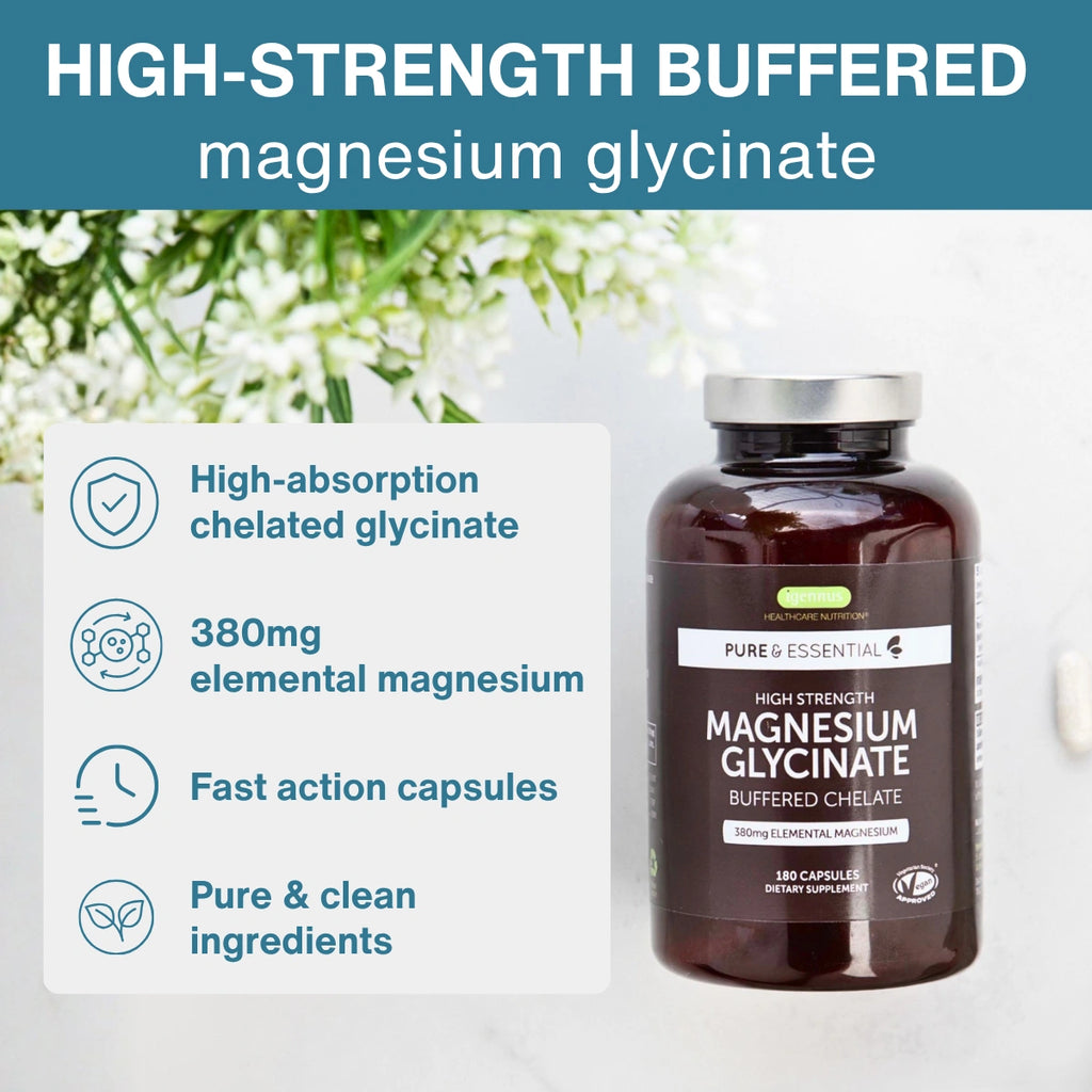 Supplement bottle labeled 'High Strength Magnesium Glycinate' with product details on a light background.