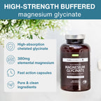 Supplement bottle labeled 'High Strength Magnesium Glycinate' with product details on a light background.