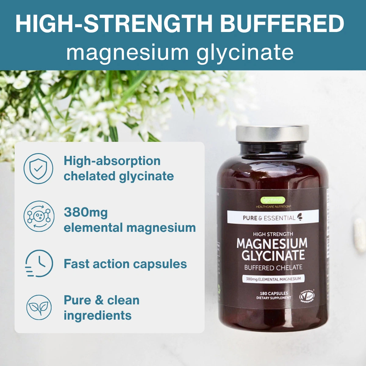 Supplement bottle labeled 'High Strength Magnesium Glycinate' with product details on a light background.