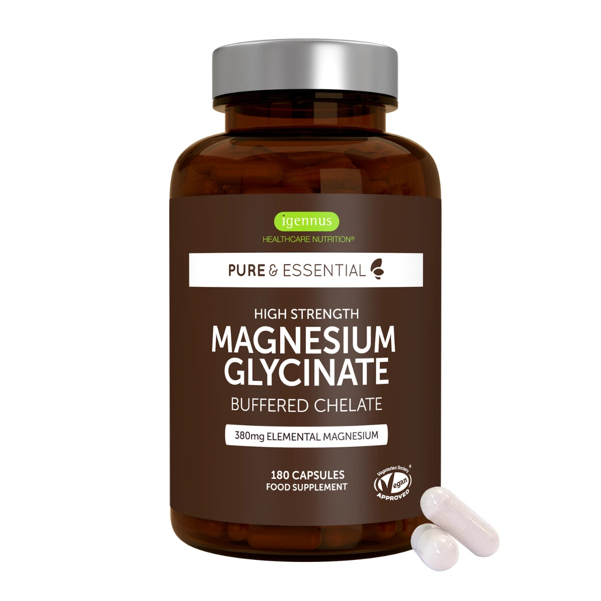 Bottle of magnesium glycinate capsules with a white background