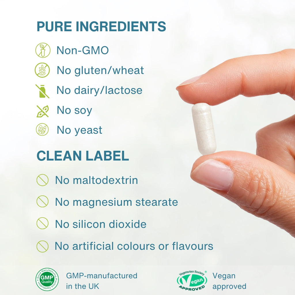 Hand holding a white pill with purity and approval information on a white background