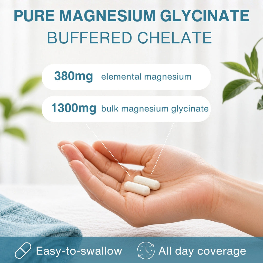 Hand holding two white pills with text about magnesium glycinate on a light background