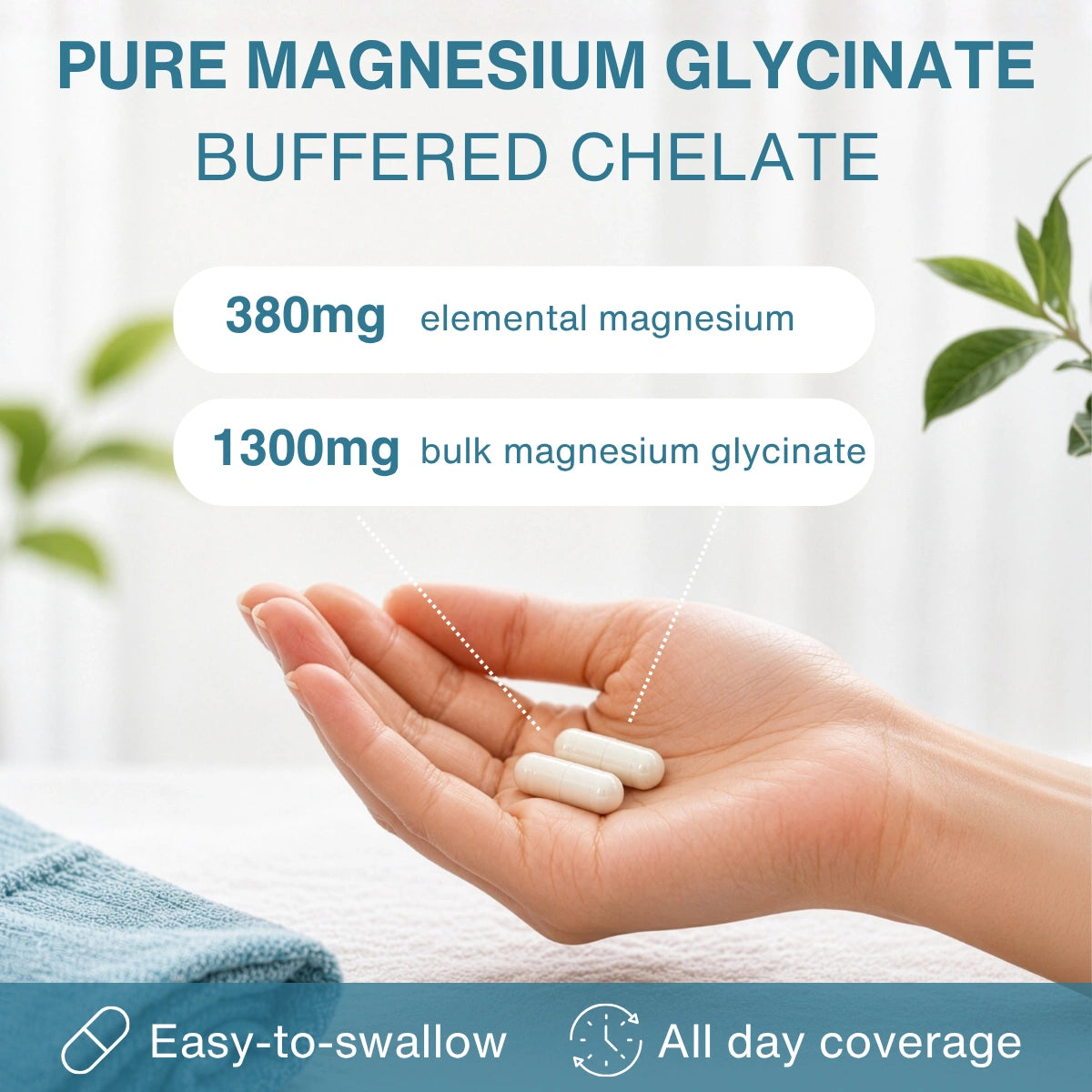 Hand holding two white pills with text about magnesium glycinate on a light background