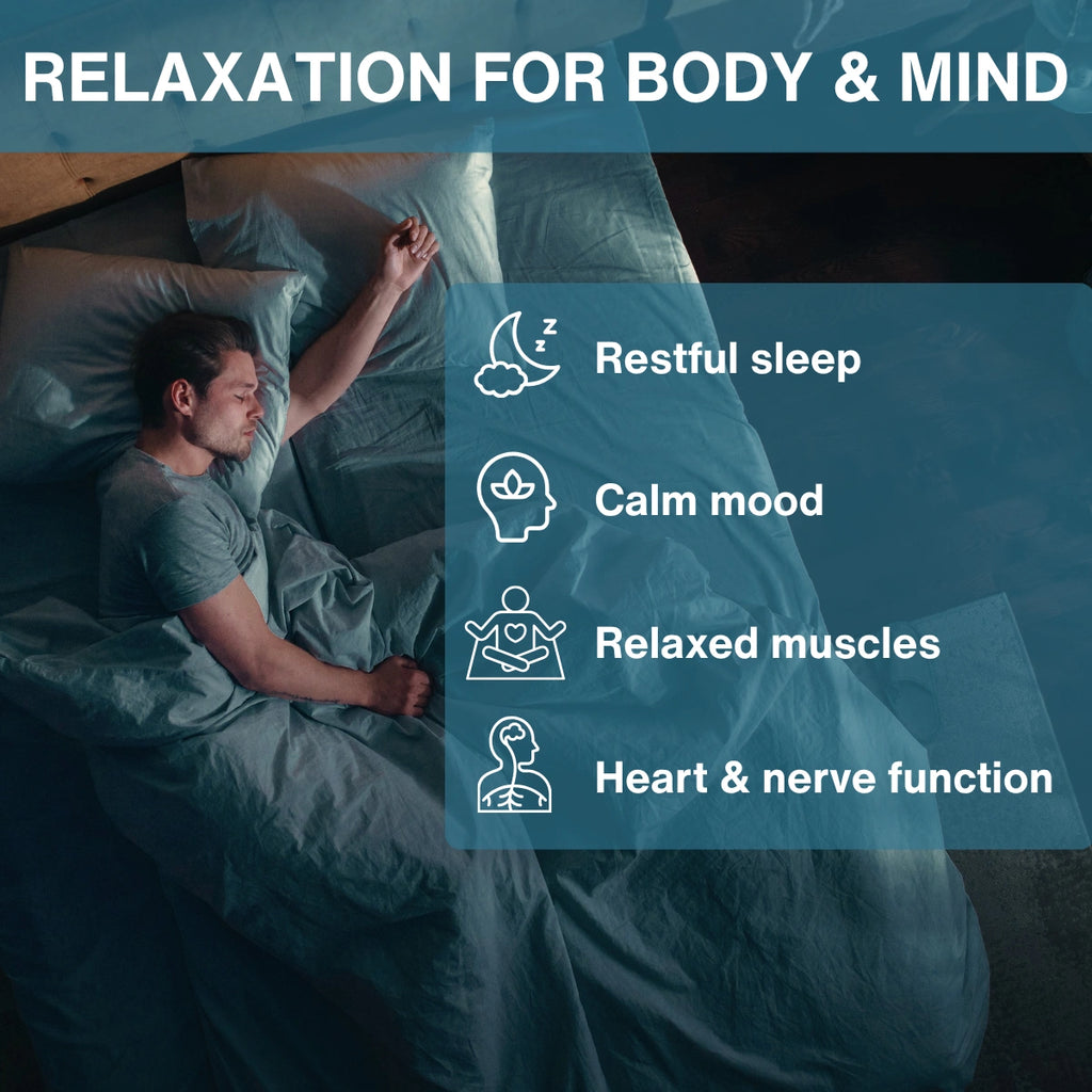 Person lying in bed with text overlay about relaxation benefits
