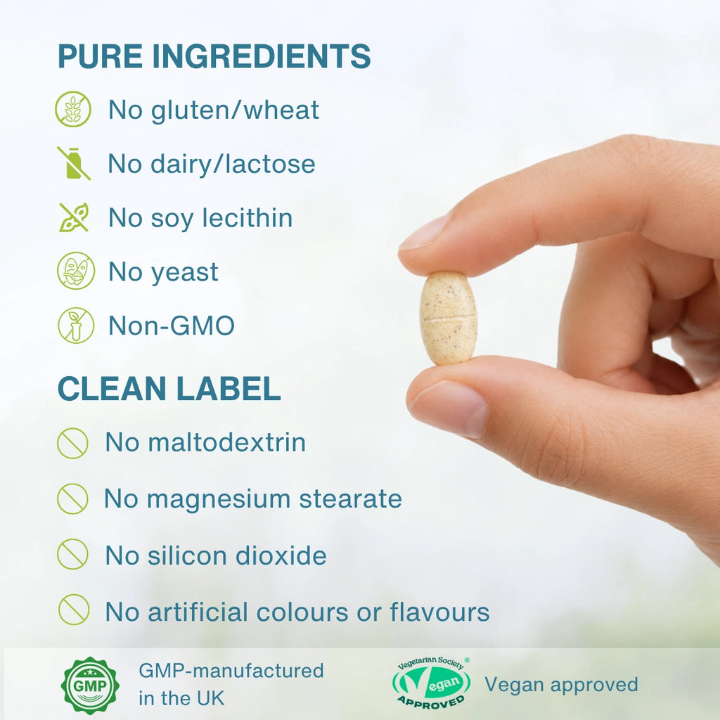 Hand holding a pill with purity and approval information on a white background