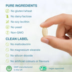 Hand holding a pill with purity and approval information on a white background