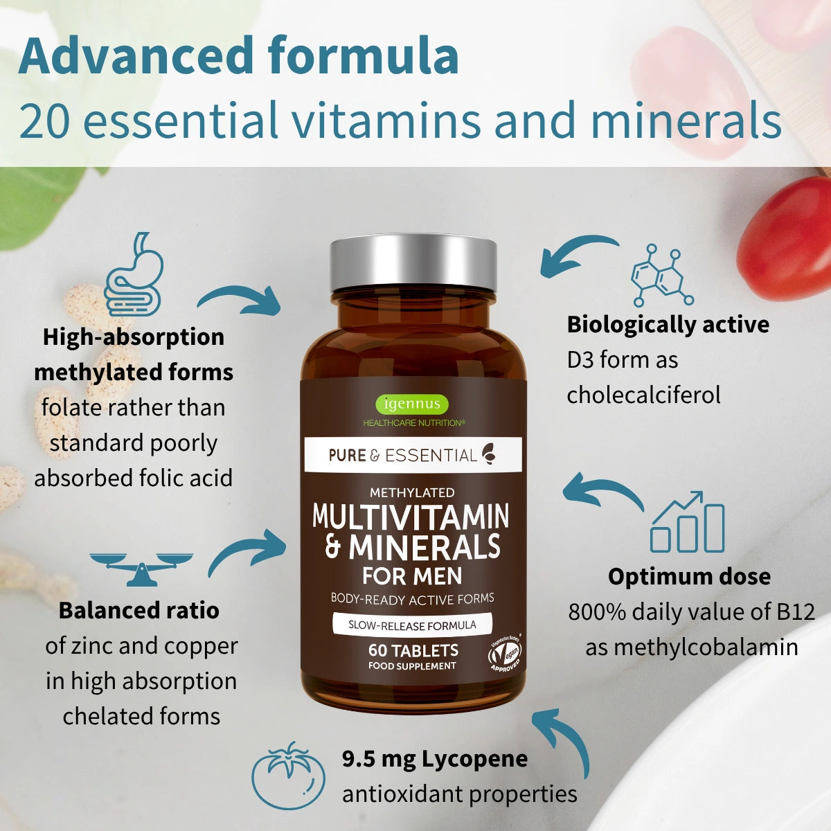 Methylated Multivitamin & Minerals for Men Enhanced with Lycopene, Vitamin D, B6 & B12, Slow Release, 60-180 Tablets