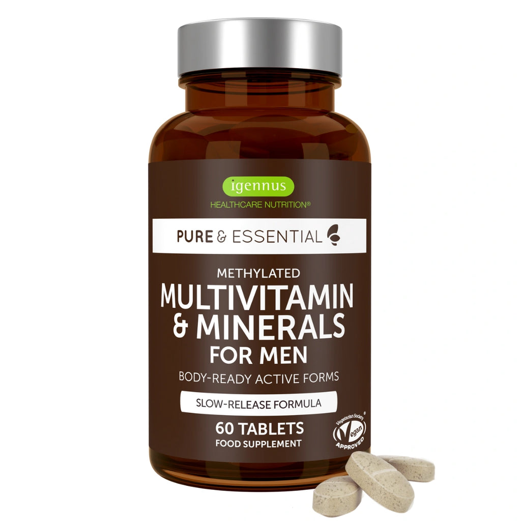 Bottle of igennus Pure & Essential Multivitamin & Minerals for Men on a white background