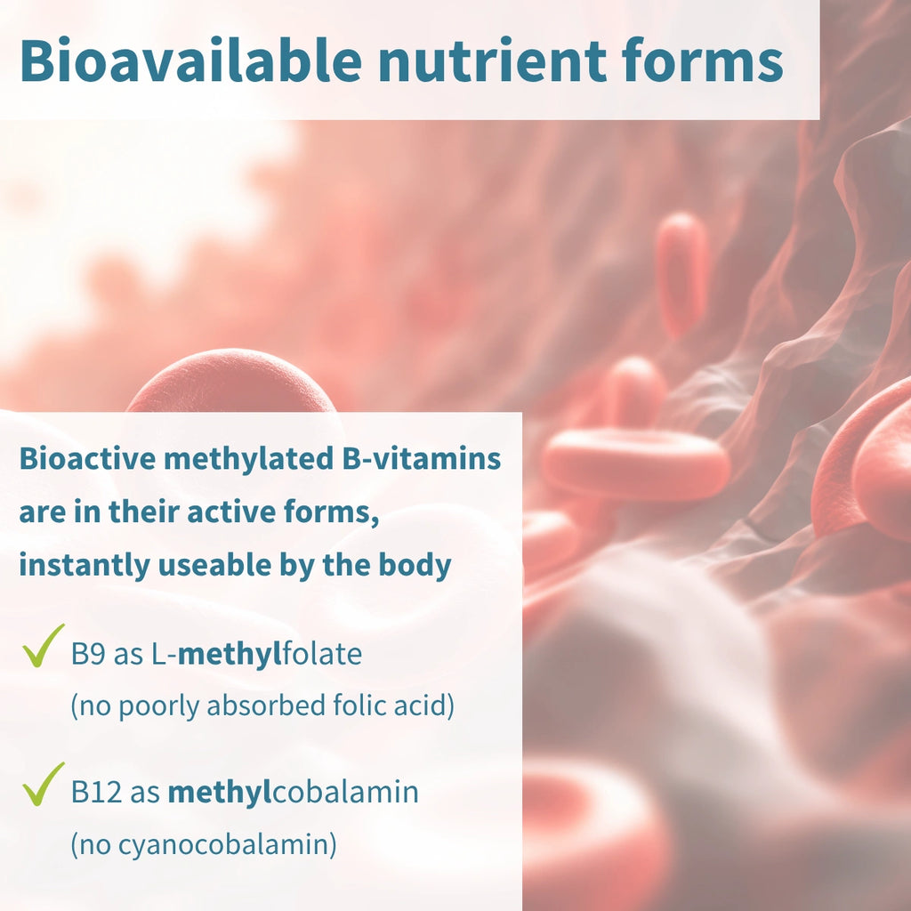 Bioavailable nutrient forms text overlay with a blurred background of red and pink shapes