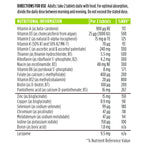 Nutritional information label for a dietary supplement with detailed vitamin and mineral content per 2 tablets.