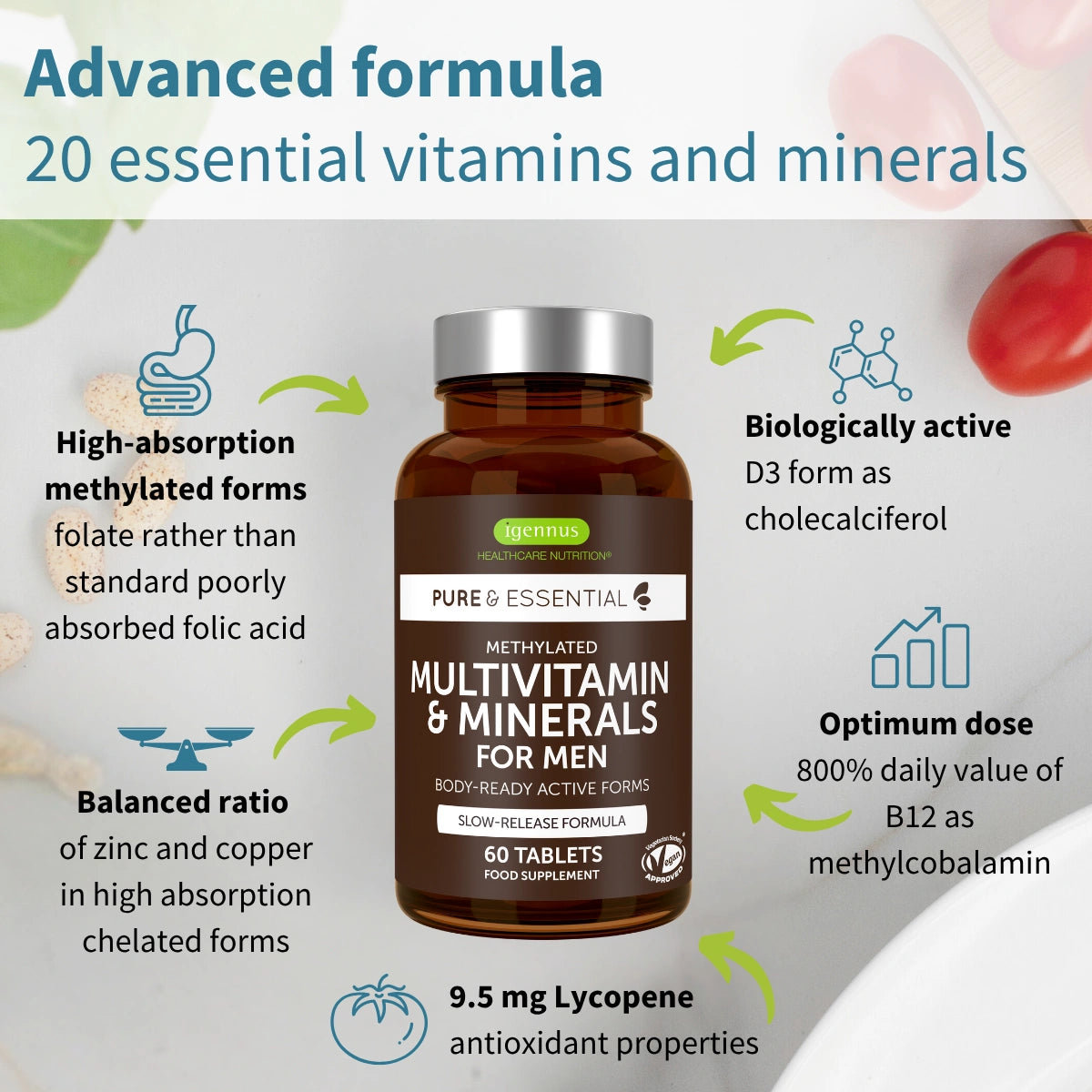 Methylated Multivitamin & Minerals for Men Enhanced with Lycopene, Vitamin D, B6 & B12, Slow Release, 60-180 Tablets
