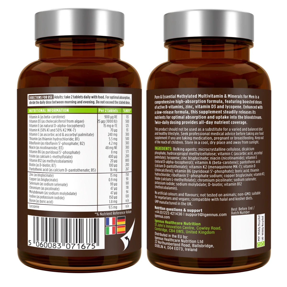 Methylated Multivitamin & Minerals for Men Enhanced with Lycopene, Vitamin D, B6 & B12, Slow Release, 60-180 Tablets