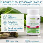 Bottle of Pure L-Methylfolate supplement with green leaves in the background