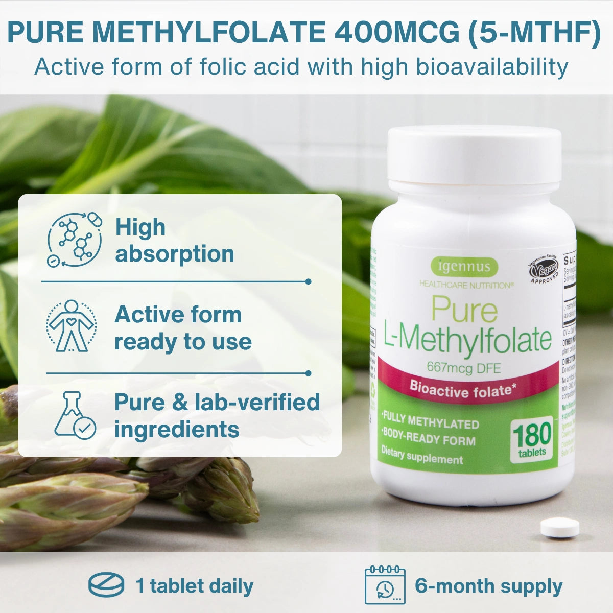 Bottle of Pure L-Methylfolate supplement with green leaves in the background