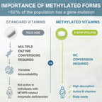 Comparison chart between standard vitamins and methylated vitamins, focusing on folic acid and 5-MTHF.