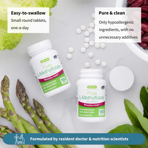 Two bottles of Pure L-Methylfolate with text highlighting ease of swallowing and purity on a light background with vegetables.