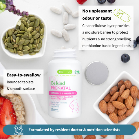 Prenatal supplement bottle with health foods on a white background
