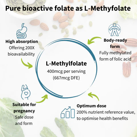 Infographic about L-Methylfolate with text and icons on a white background