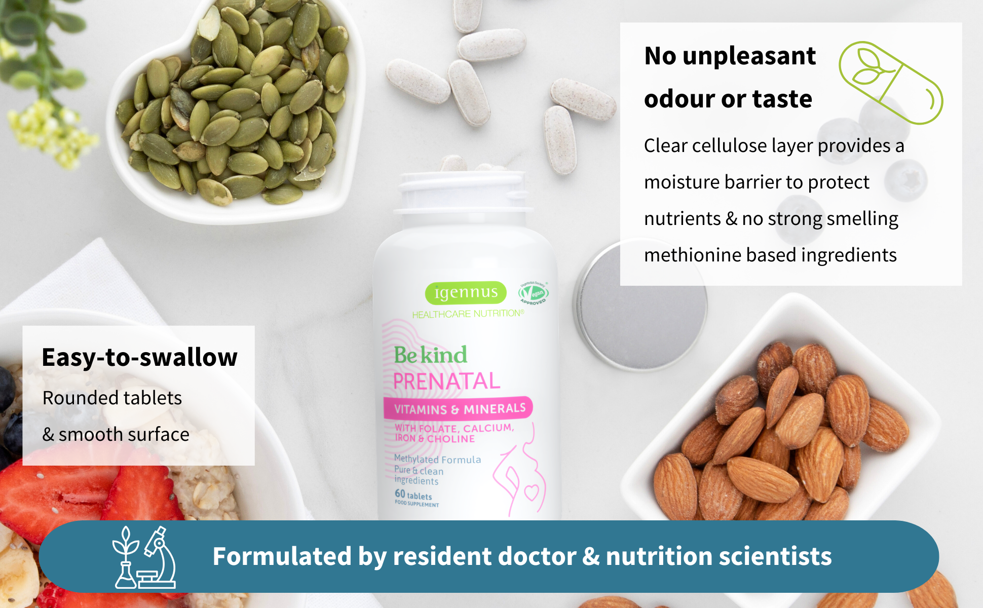 Prenatal vitamin supplement with nuts, seeds, and vegetables on a white surface