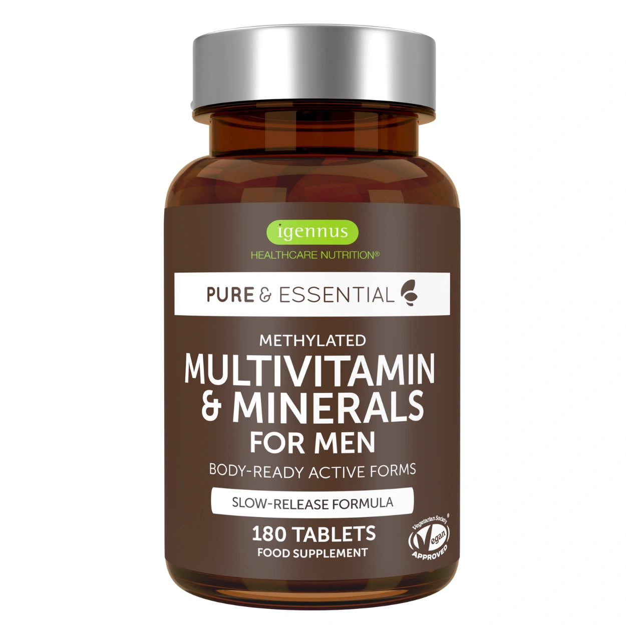 Bottle of igennus Multivitamin & Minerals for Men on a white background