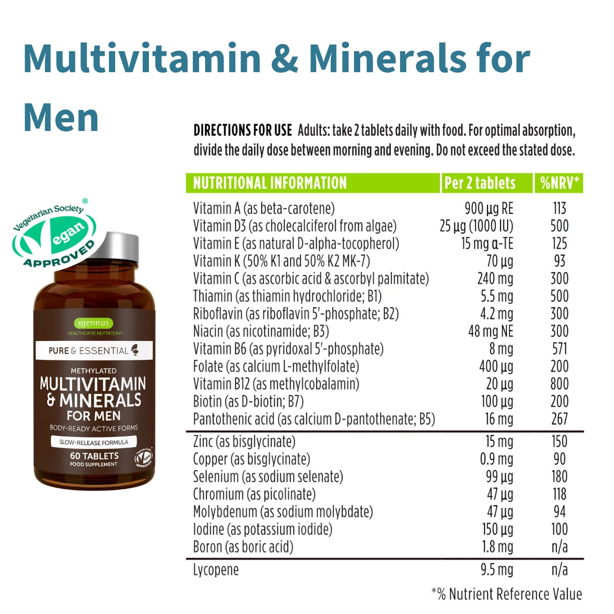 Multivitamin supplement bottle with nutritional information on a white background