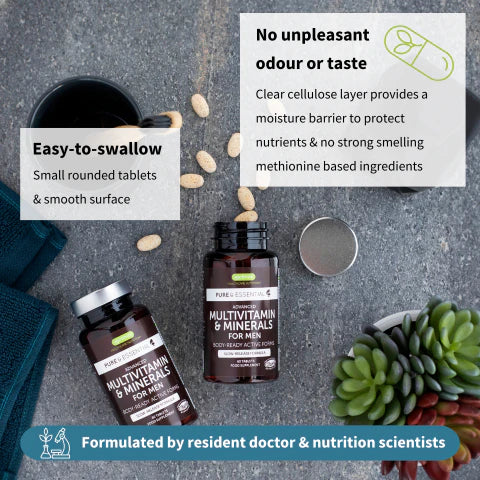 Multivitamin bottles with text about product features on a gray surface.