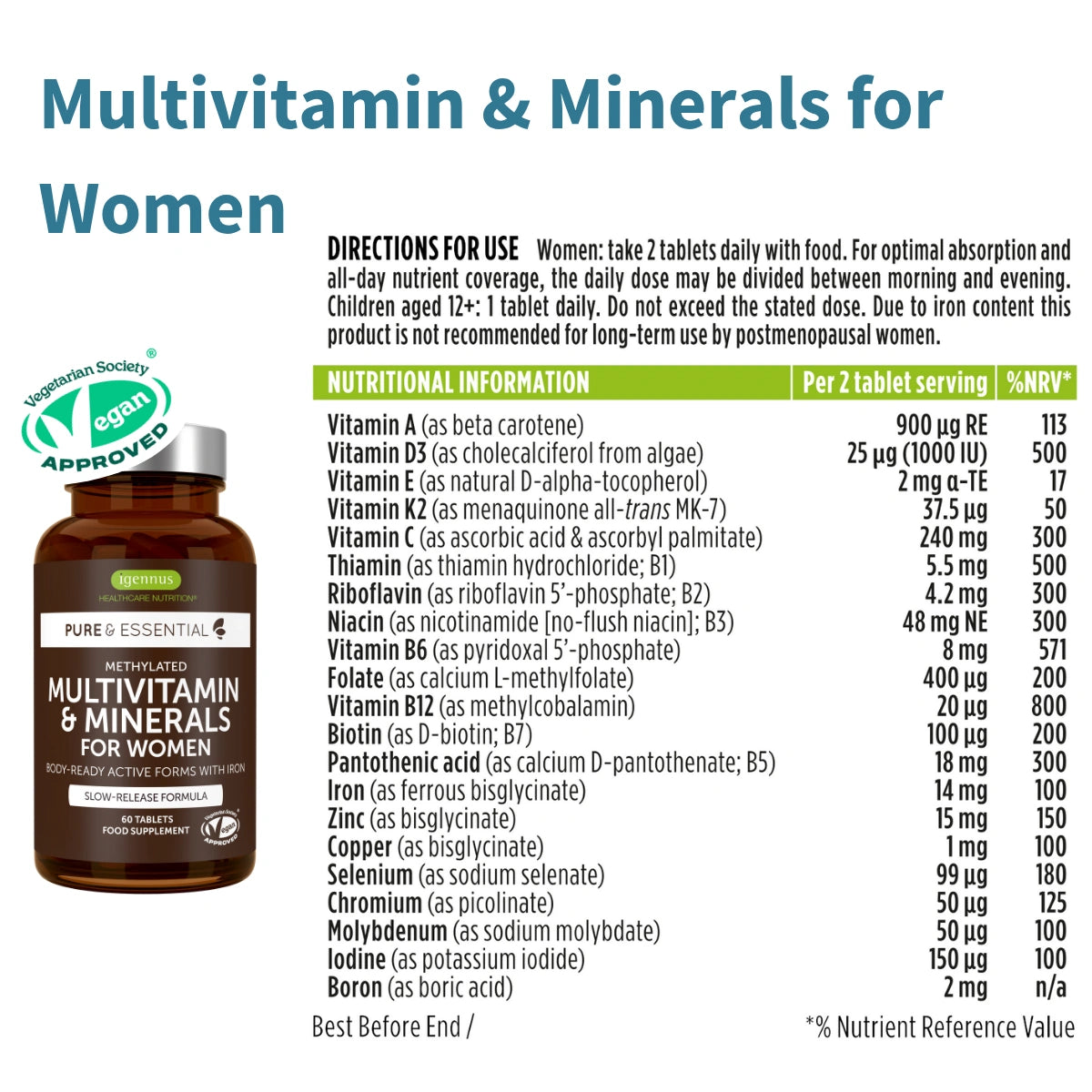 Multivitamin supplement bottle with nutritional information on a white background
