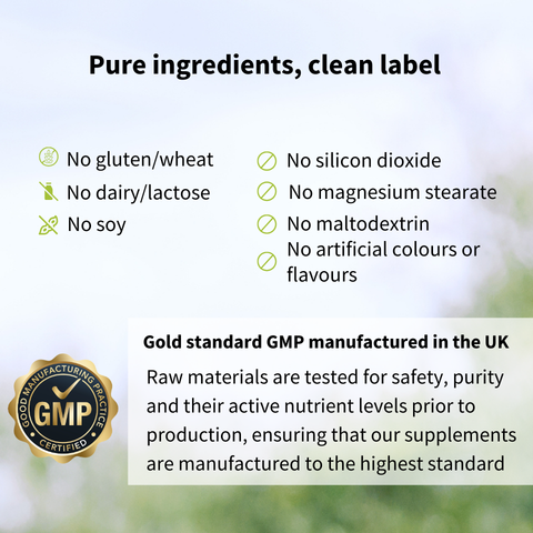 Product label with pure ingredients, clean label claims, and GMP certification on a blurred natural background.