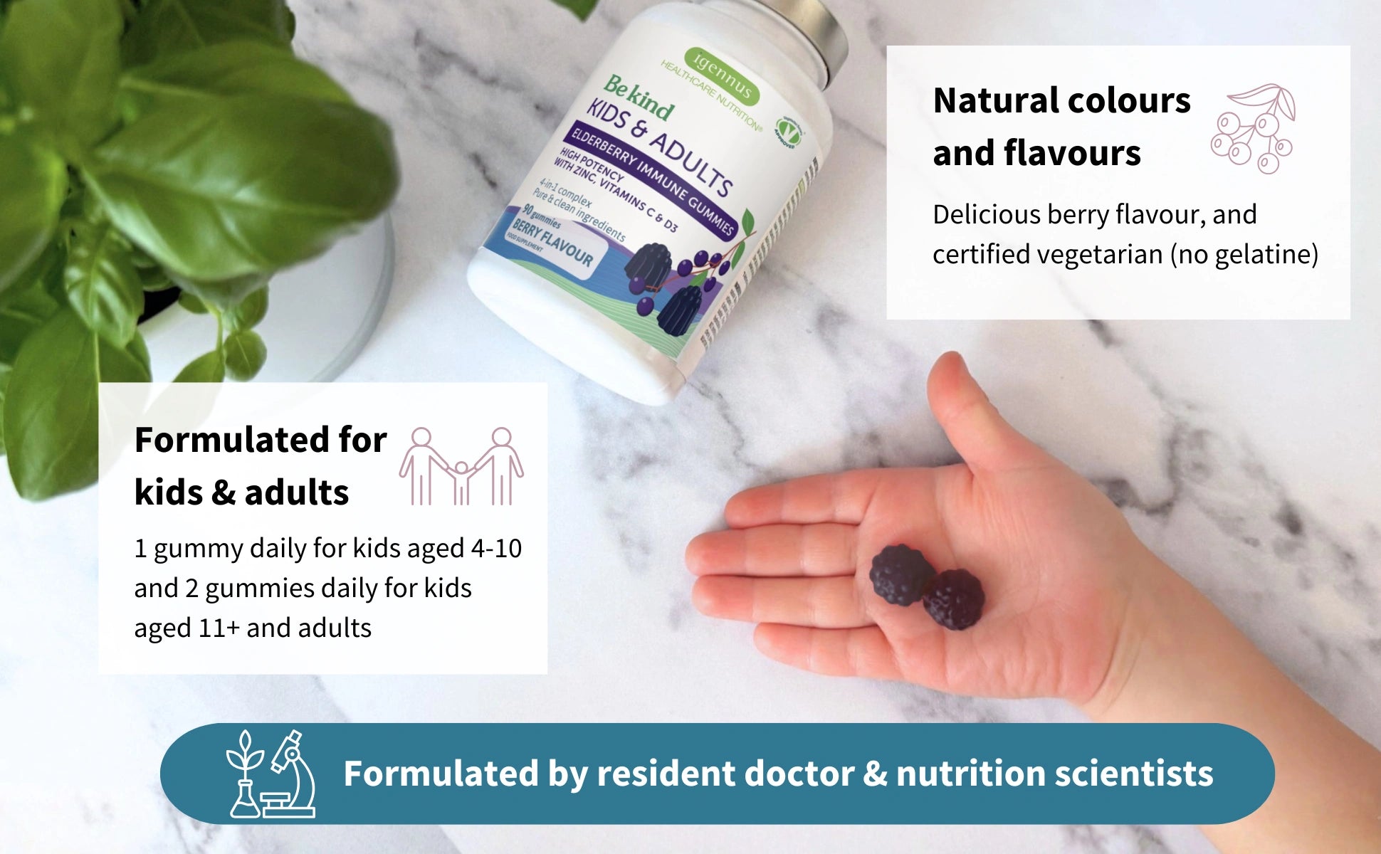 Vitamins bottle with gummies on a marble surface, labeled for kids and adults.