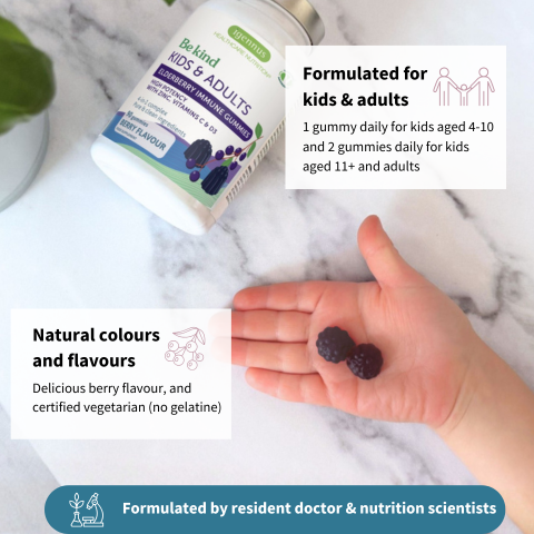 Gummy vitamins for kids and adults on a marble surface with text about formulation and ingredients.