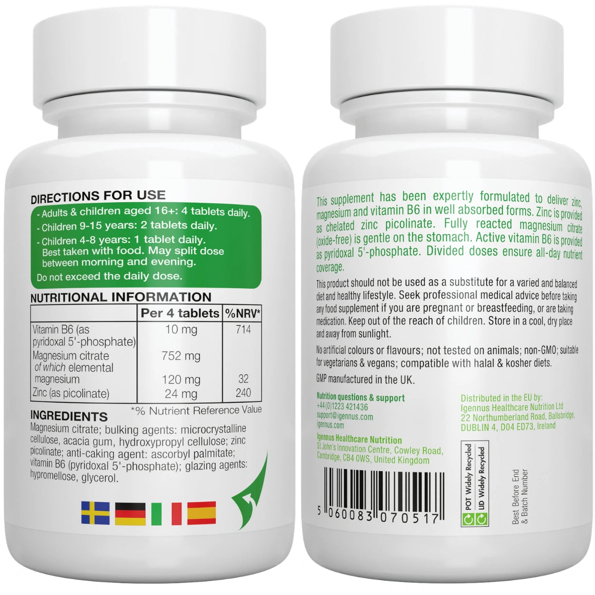 Two bottles of a nutritional supplement with labels showing directions for use, nutritional information, and ingredients.