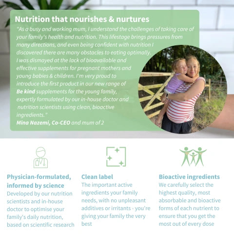 supplement brand with a woman holding a child outdoors, featuring text about nutrition and product features.