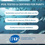 IFOS-tested fish oil with underwater scene and certification details.