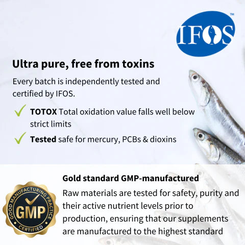 Fish with IFOS certification logo and GMP badge on a white background