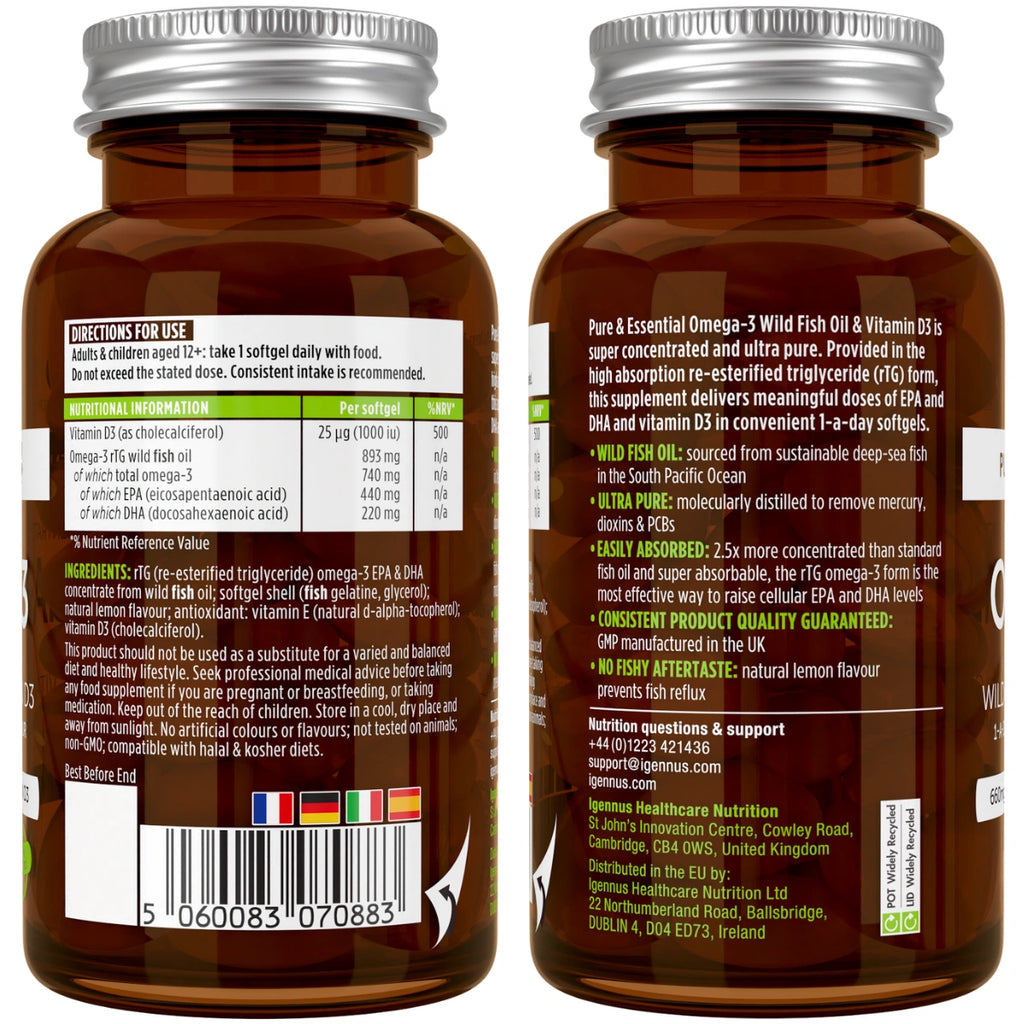 Two bottles of Omega-3 Wild Fish Oil with labels on a white background