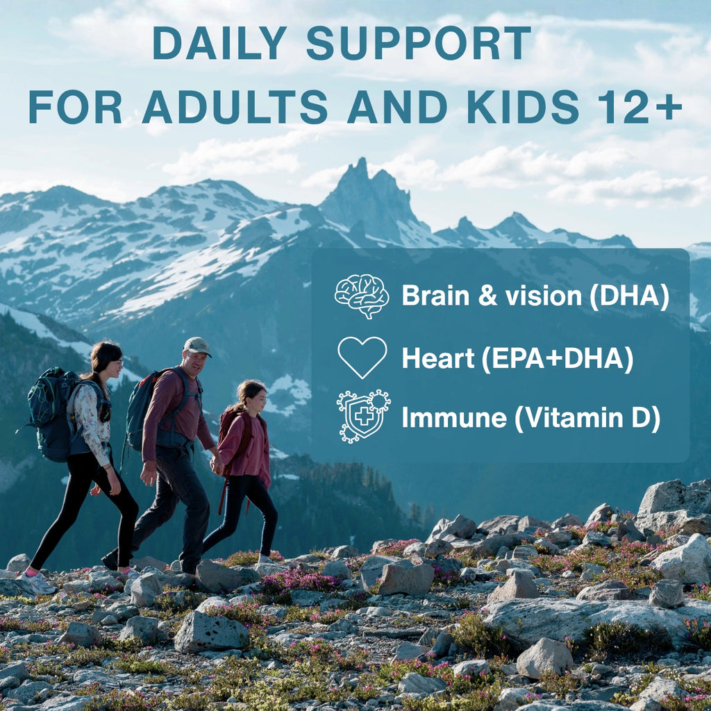 Three people hiking with text about daily support for adults and kids, focusing on brain, heart, and immune health.