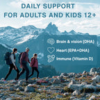 Three people hiking with text about daily support for adults and kids, focusing on brain, heart, and immune health.
