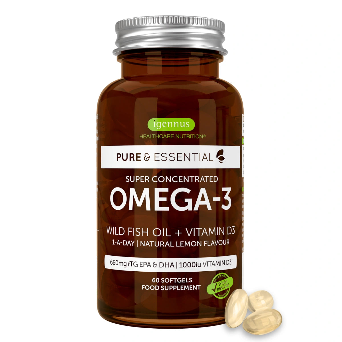 Super Concentrated Omega-3 Wild Fish Oil & Vitamin D, 660mg rTG Triglyceride EPA & DHA & 1000iu D3, 1-a-day, 60-180 Softgels