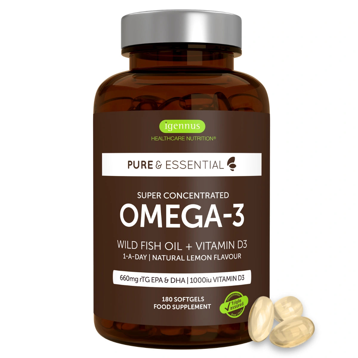Omega-3 supplement bottle with lemon flavor on a white background