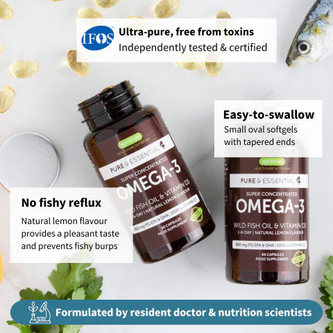 Two bottles of Omega-3 supplements with text highlighting features on a white background.