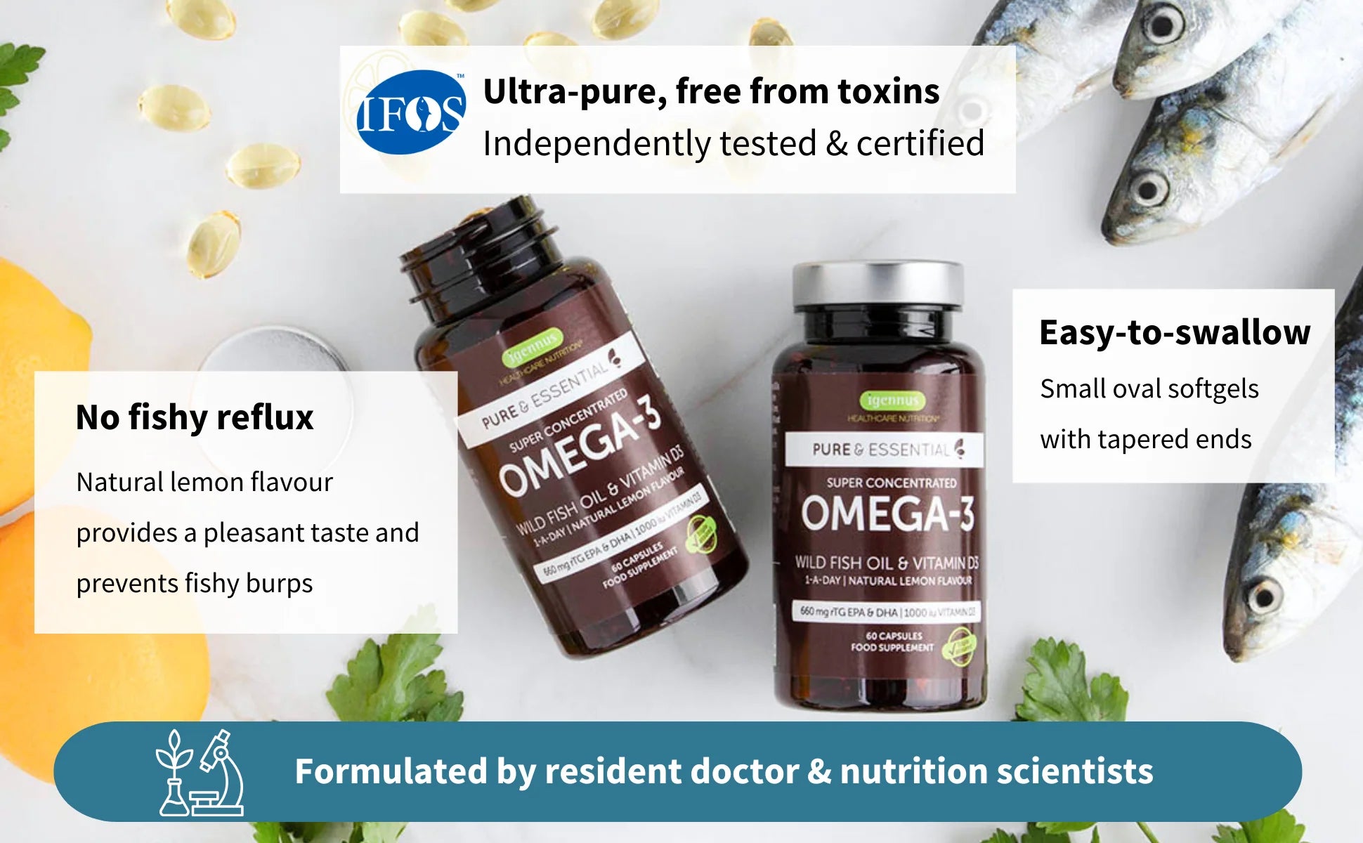 Omega-3 supplement bottles with certification label and product features on a light background.
