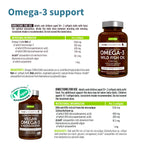 Two bottles of Omega-3 supplements with labels and nutritional information.