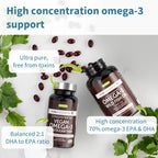 Two bottles of omega-3 supplements with text highlighting their features on a white background.
