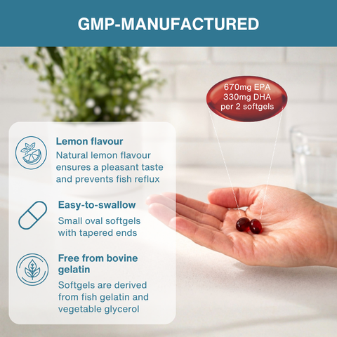 A hand holds two red softgels over a blurred kitchen-like background.