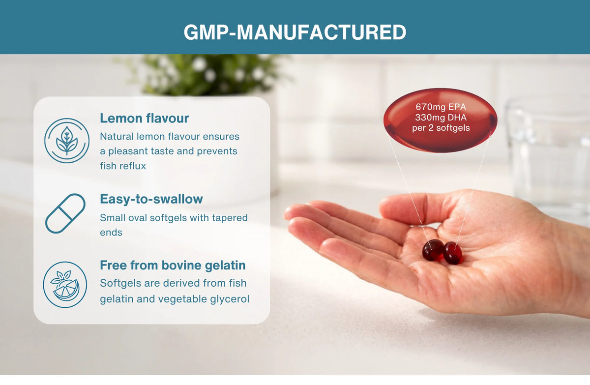 A hand holding two dark red softgels on a light countertop.