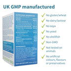 Nutritional information and ingredient list on a product packaging with UK GMP manufacturing details.