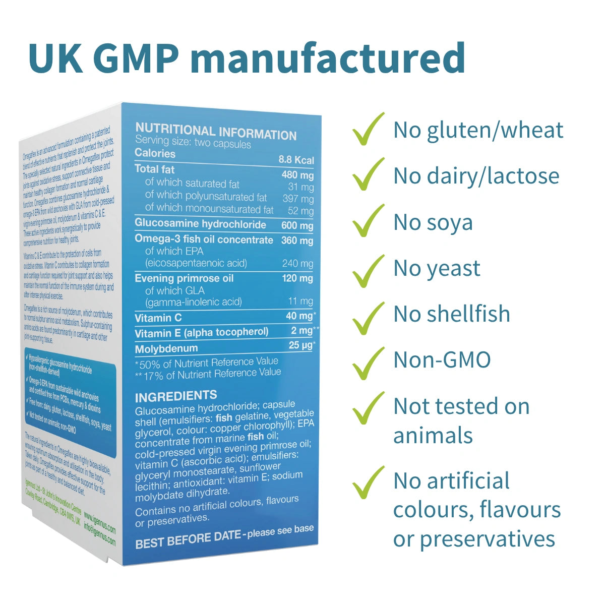 Nutritional information and ingredient list on a product packaging with UK GMP manufacturing details.