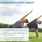Two people practicing yoga outdoors with text about joint support supplement ingredients.
